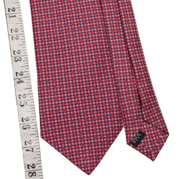 Drake's NWT Neck Tie in Red with Blue & White Geometric Pattern 100% Silk